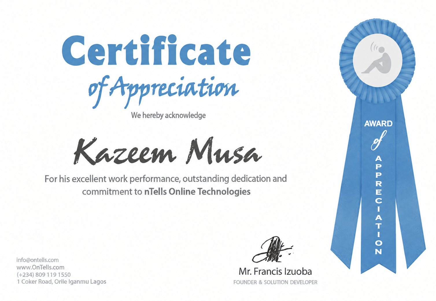 Kazeem Musa certificate